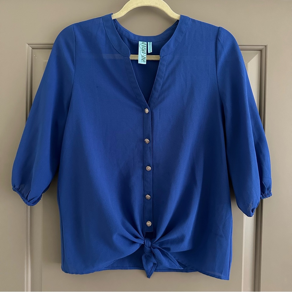 Blue Button-Front Tie Hem Women's Top